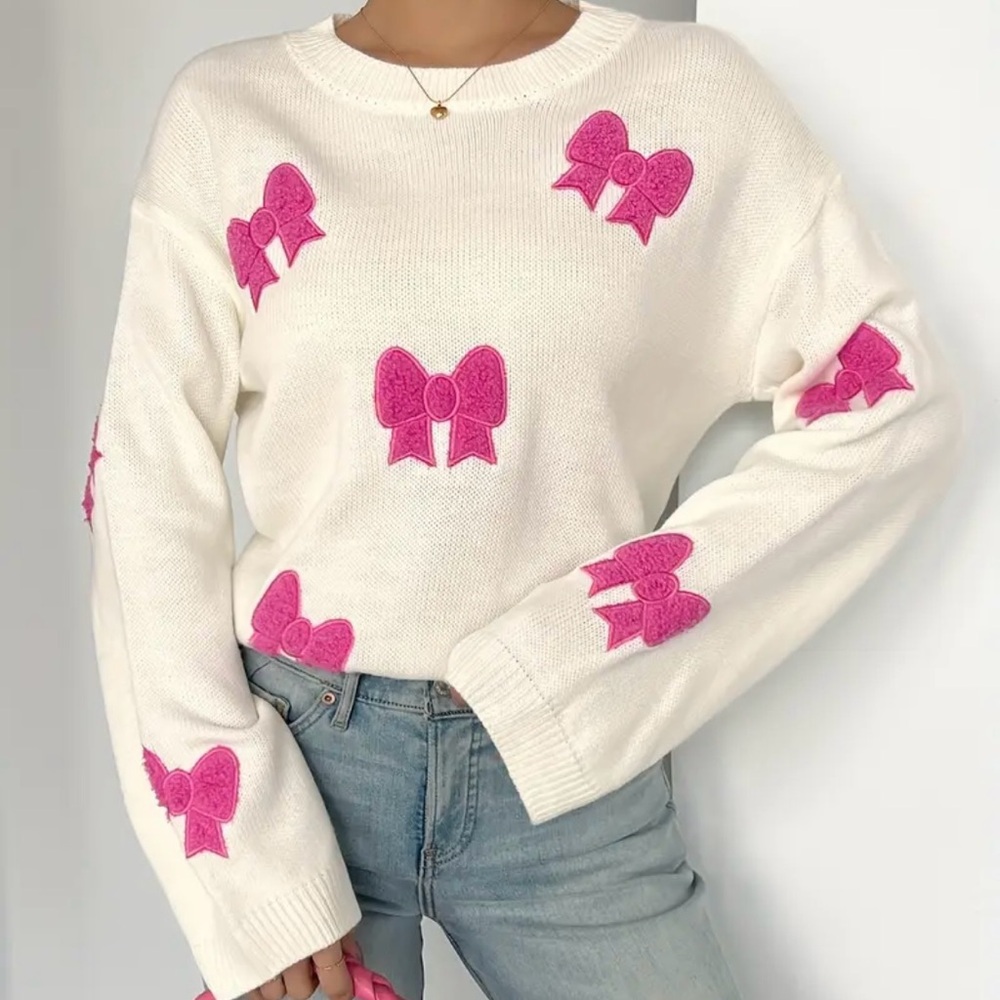 Elegant Bow Embroidered Drop Shoulder Sweater, Cozy Polyester Knit, Crew Neck